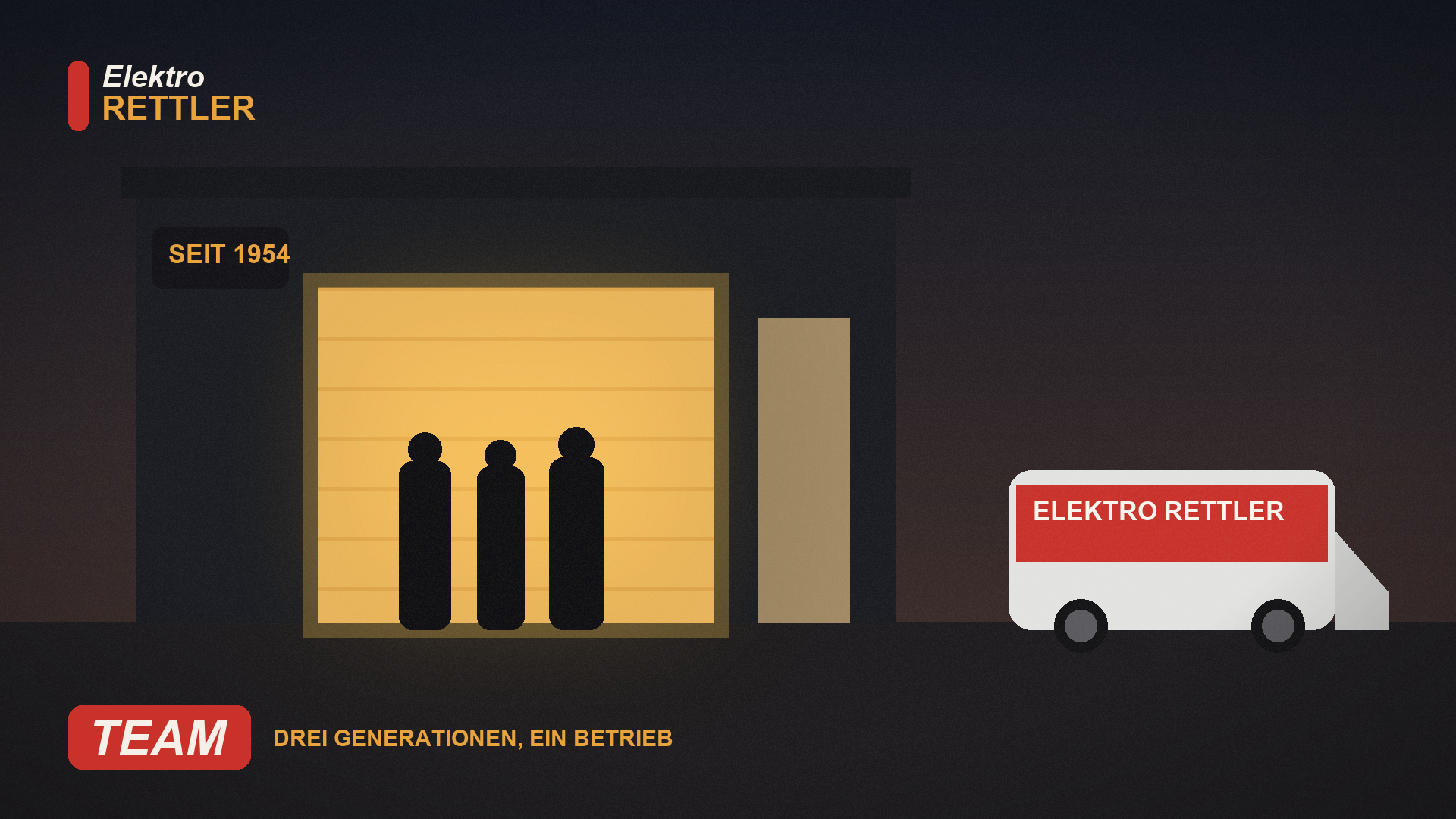 Team vor der Werkstatt — Illustration